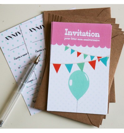 8 invitations Anniversaire (Rose) + enveloppes