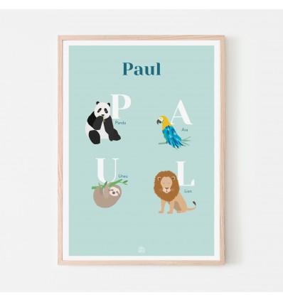 Affiche prénom personnalisée animaux - Papier Curieux