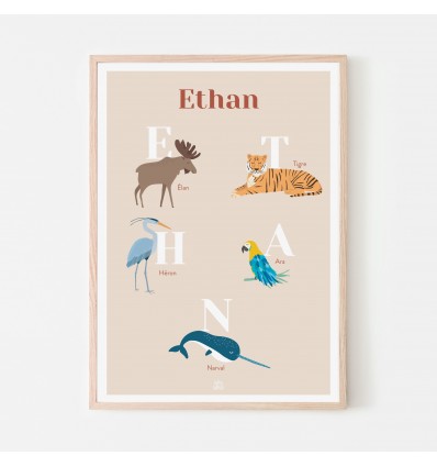 Affiche prénom personnalisée animaux - Papier Curieux