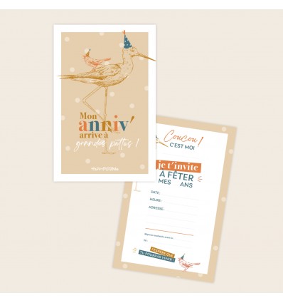 8 invitations Héron "Mon anniv' arrive à grandes pattes" - Happypotame