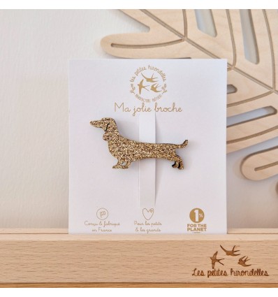 Broche Teckel dorée à paillettes - Les Petites Hirondelles