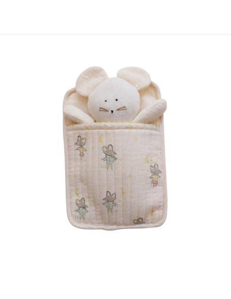 Doudou en tissu "Souris dans son lit"