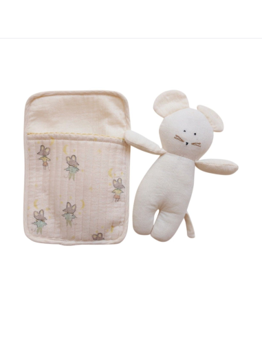 Doudou en tissu "Souris dans son lit"