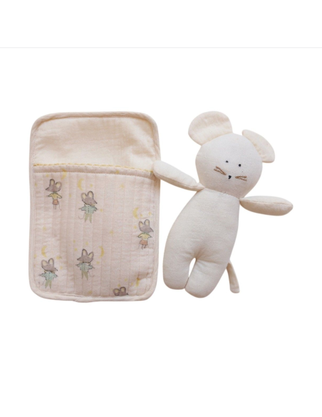 Doudou en tissu "Souris dans son lit"