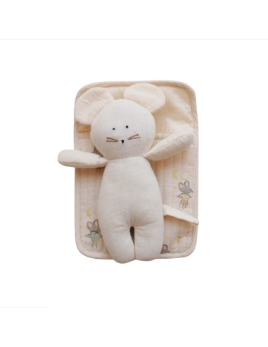 Doudou en tissu "Souris dans son lit"