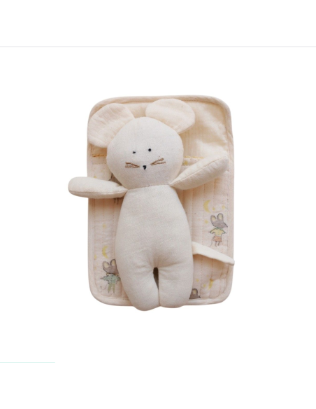 Doudou en tissu "Souris dans son lit"