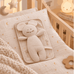 Doudou en tissu "Souris dans son lit"